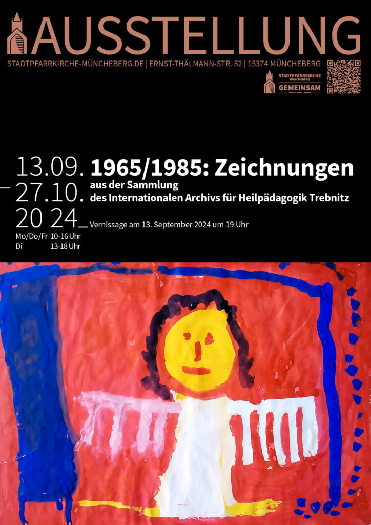 Ausstellungsposter mit einem Bild einer Engelsfigur. Gemalt in kräftigen Wasserfarben. Darüber die Informationen zur Ausstellung, die im Beitragstext stehen.